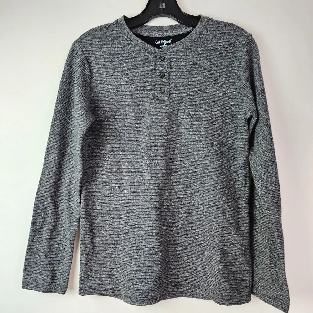 Cat & Jack Boys Size L 12 14 Long Sleeve Henley Shirt Heather Dark Gray Charcoal